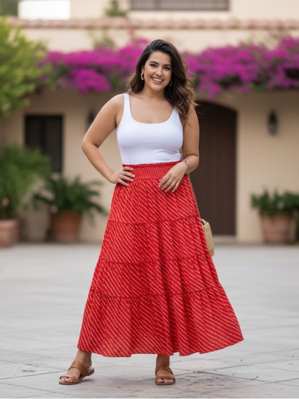 Ralph Lauren Red White Tiered Ruffled Smocked Lined Maxi Skirt Boho Old Money